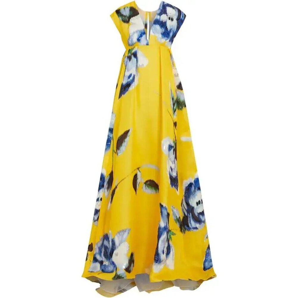 NWT $7990 Carolina Herrera Sequin Embellished Floral Organza Gown Yellow Size 4